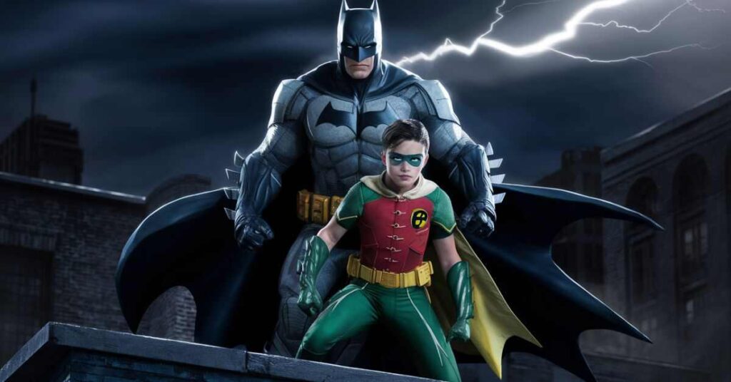 Batman & Robin are superhero sidekicks at flying on sky.